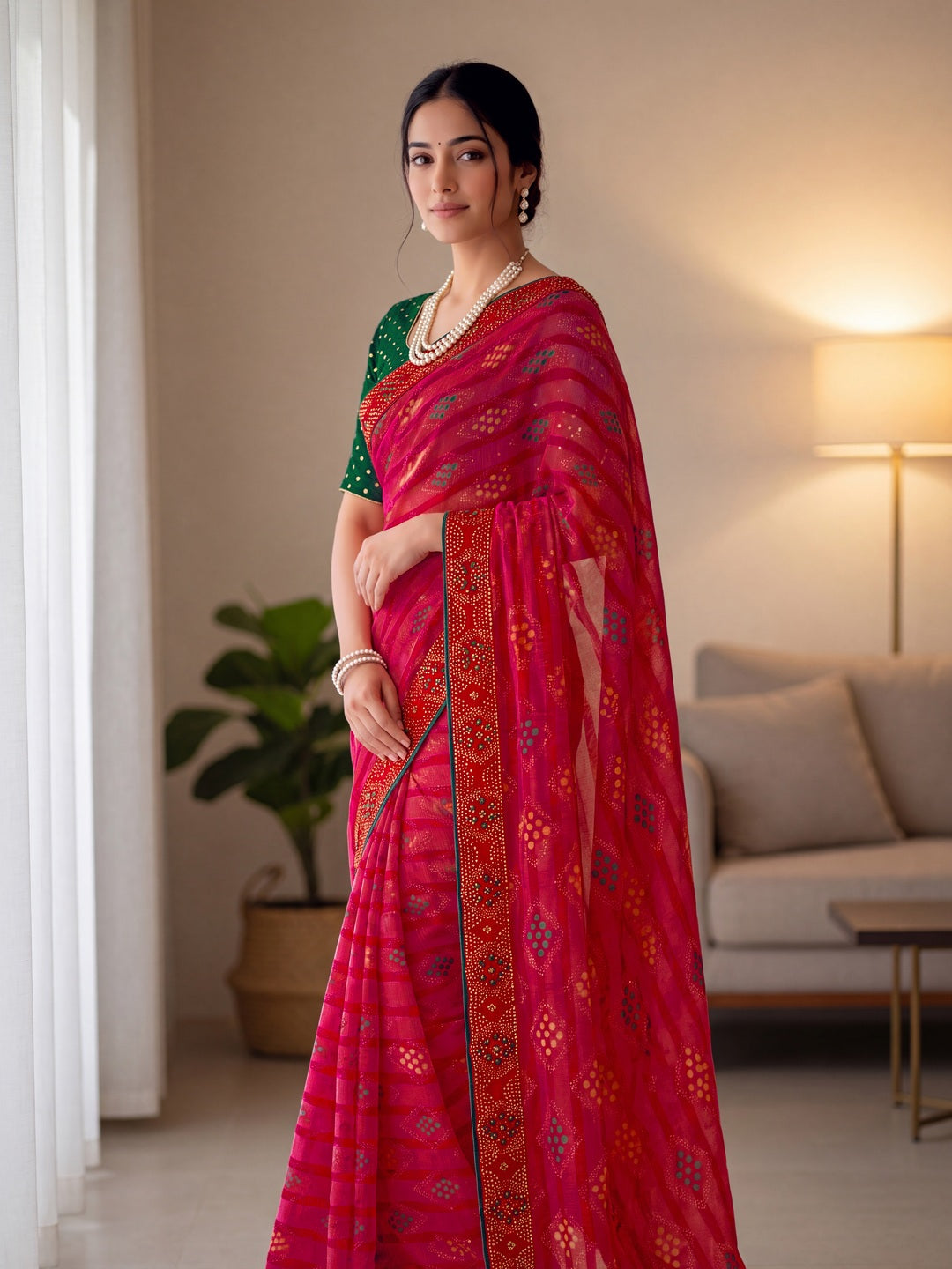 Peachmode Pink Solo Bandhani Bandhani print Saree - Image 4