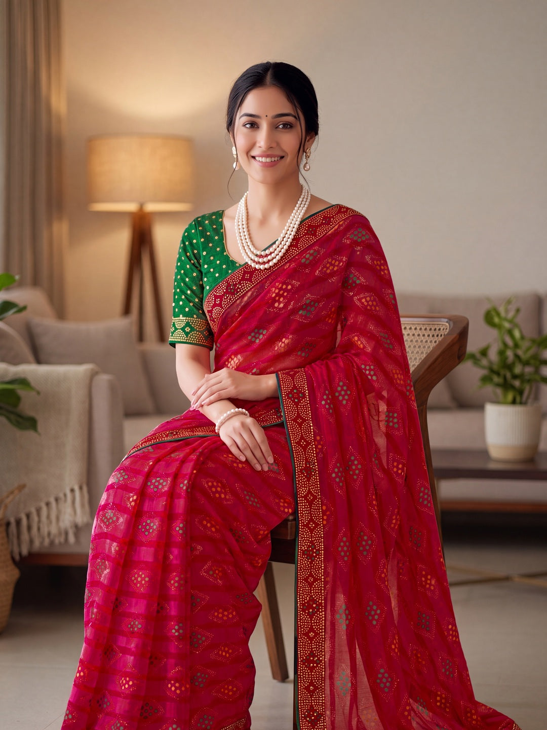 Peachmode Pink Solo Bandhani Bandhani print Saree - Image 5