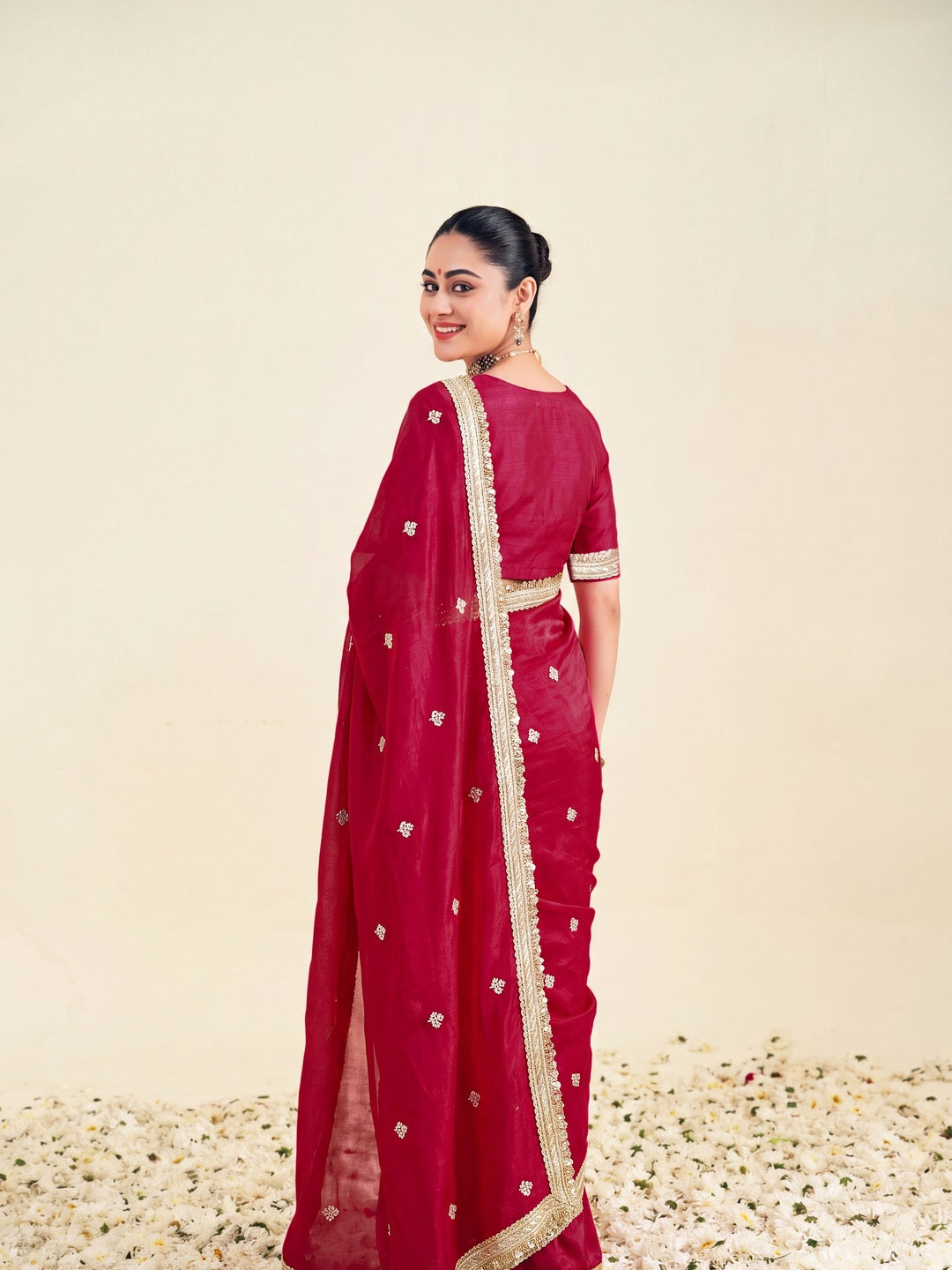 Peachmode Pink Fandy Satin Lace border Saree - Image 2