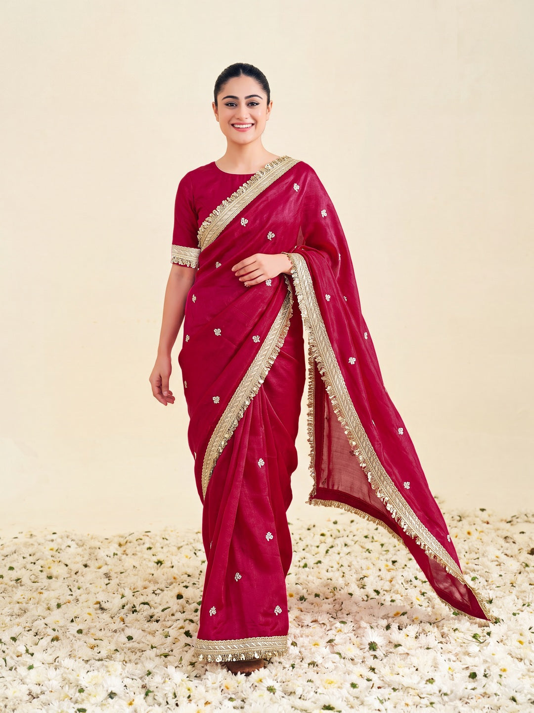 Peachmode Pink Fandy Satin Lace border Saree - Image 4