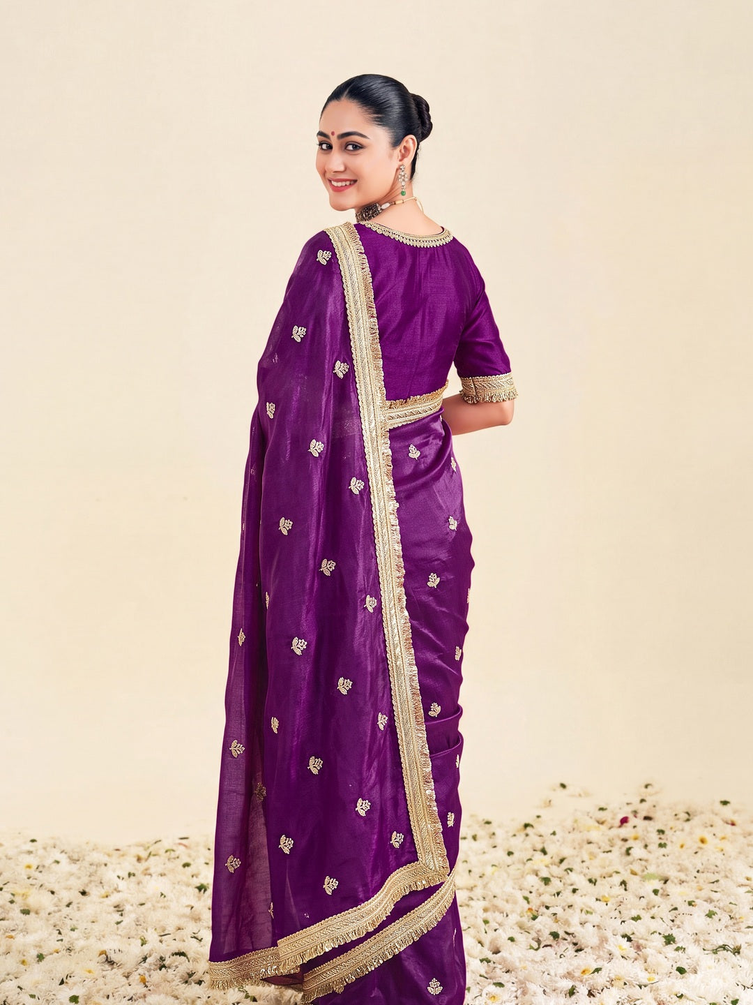 Peachmode Wine Fandy Satin Lace border Saree - Image 2