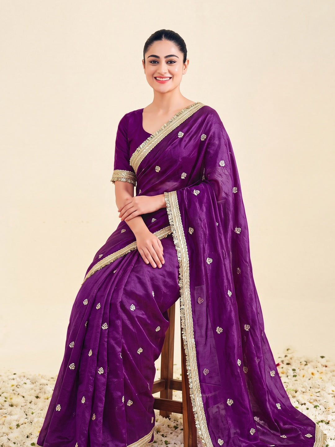 Peachmode Wine Fandy Satin Lace border Saree - Image 3