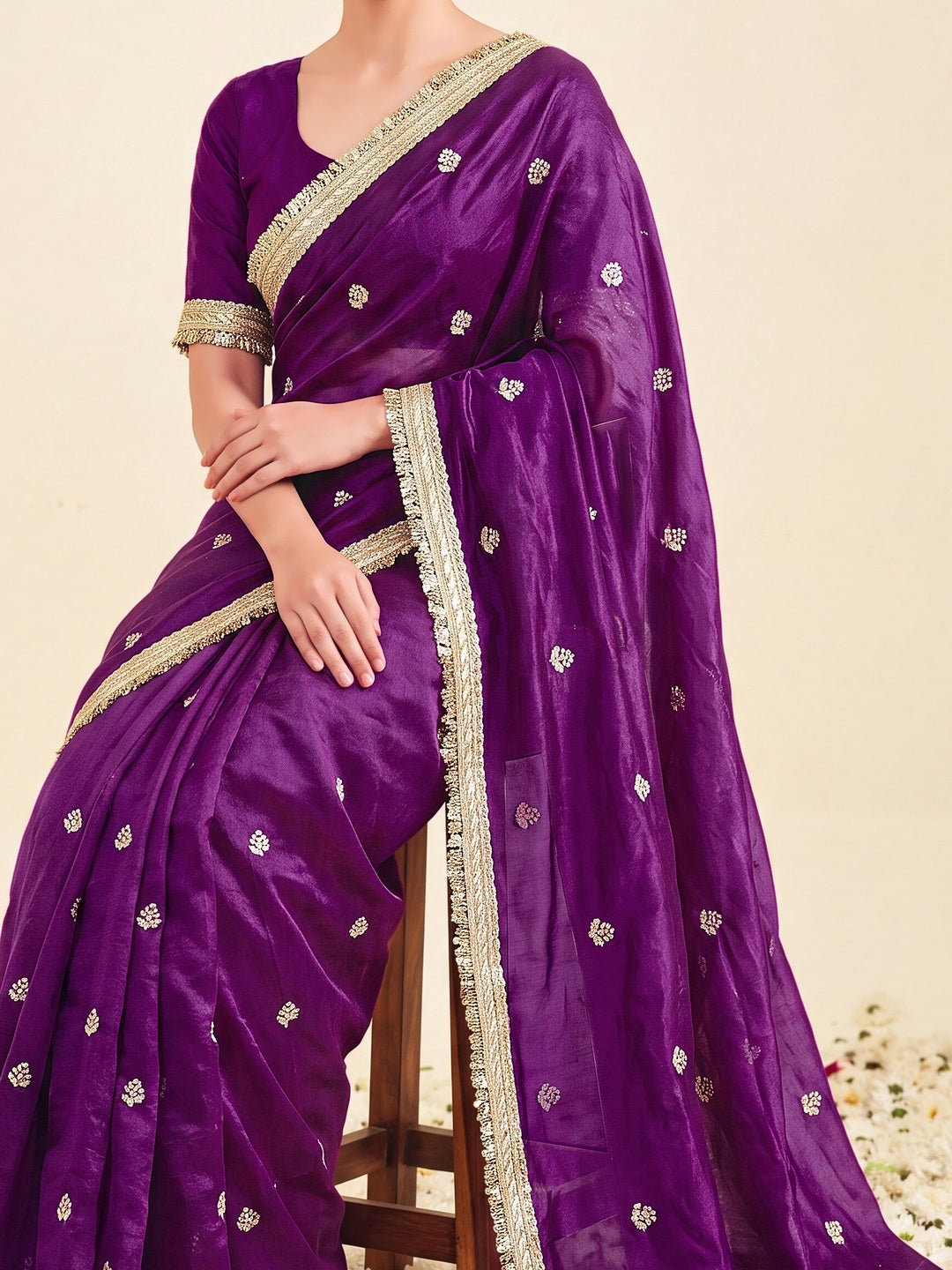 Peachmode Wine Fandy Satin Lace border Saree - Image 4