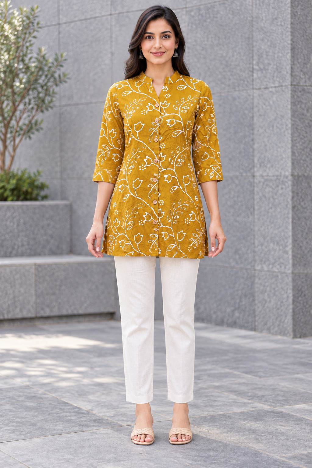 Peachmode Yellow Rayon Floral Buttoned Top - Image 2
