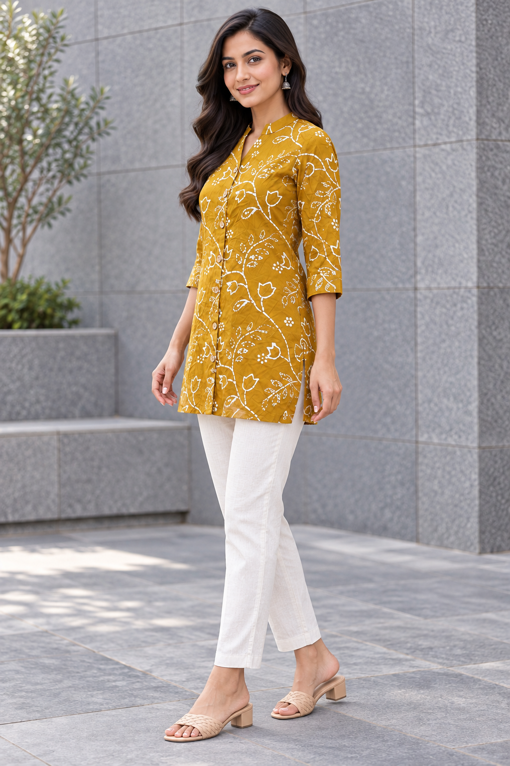 Peachmode Yellow Rayon Floral Buttoned Top - Image 3