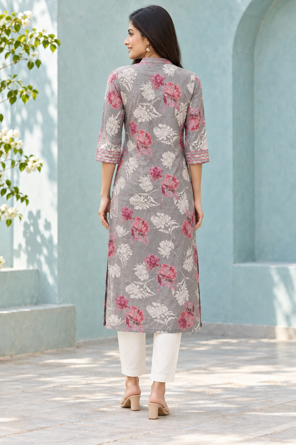 Peachmode Grey Rayon Floral Sequinned Long Top - Image 4
