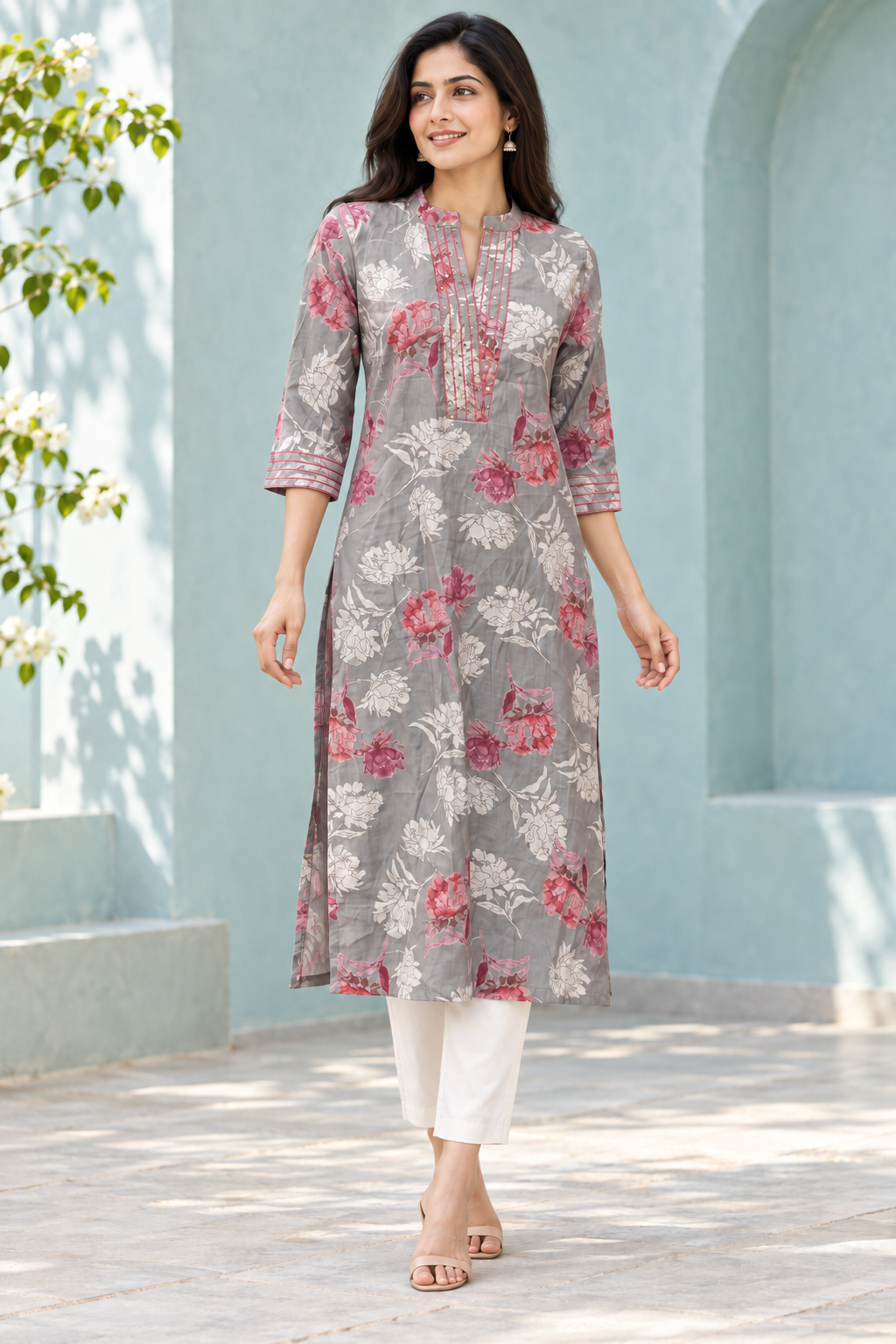 Peachmode Grey Rayon Floral Sequinned Long Top - Image 5