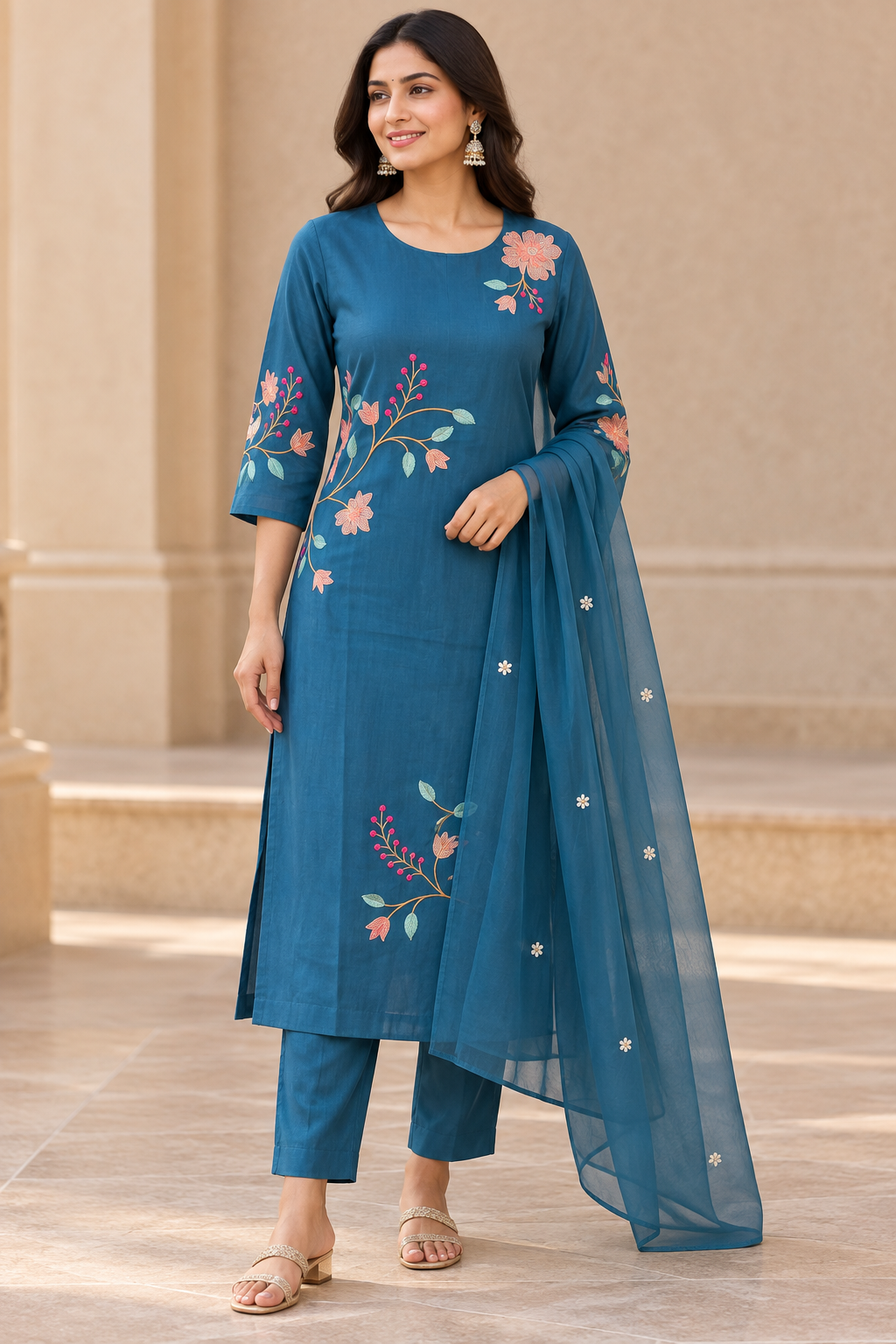 Peachmode Teal Chanderi Cotton Floral Embroidered Salwar Suit - Image 1