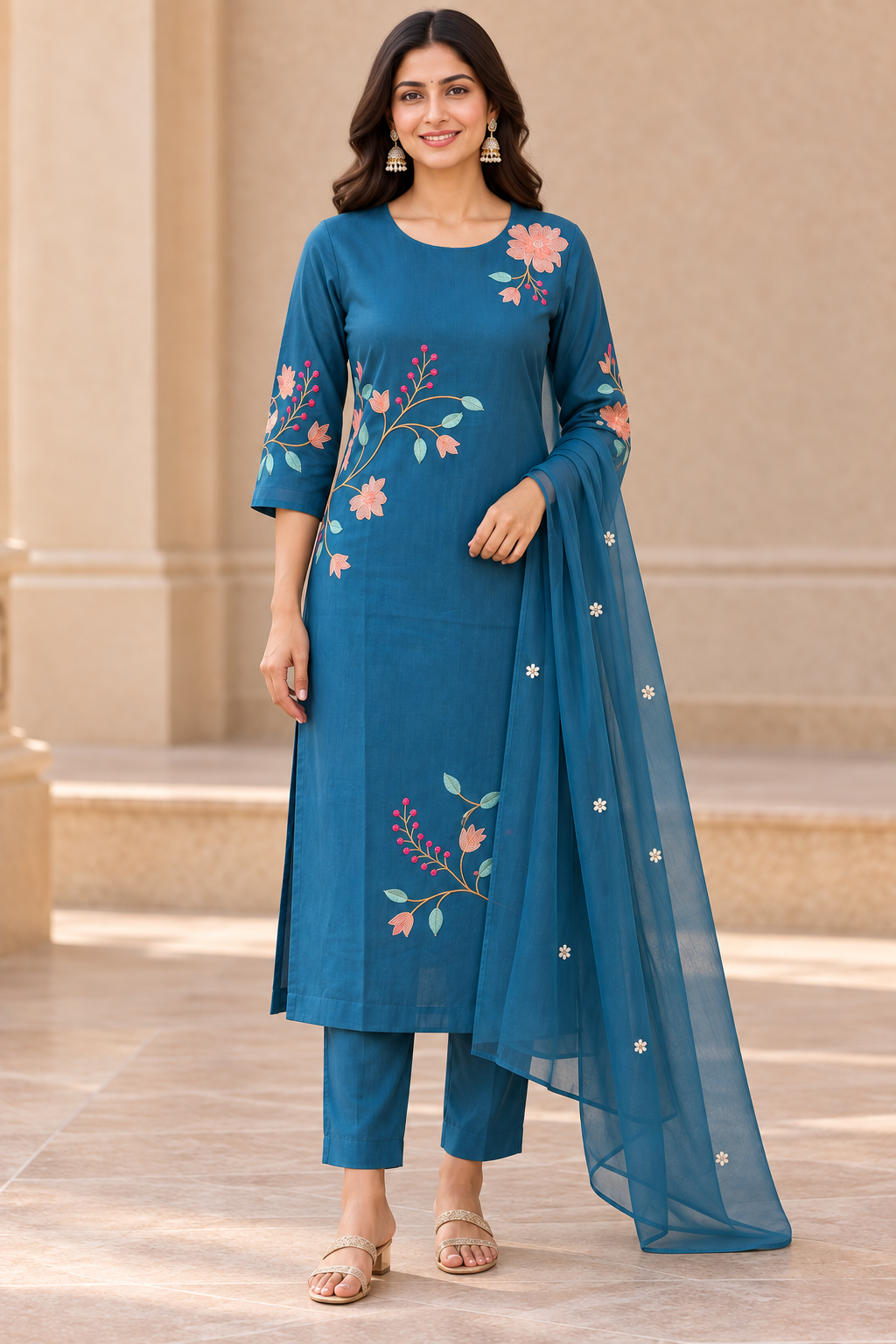 Peachmode Teal Chanderi Cotton Floral Embroidered Salwar Suit - Image 2