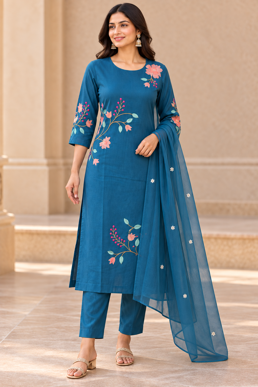 Peachmode Teal Chanderi Cotton Floral Embroidered Salwar Suit - Image 5