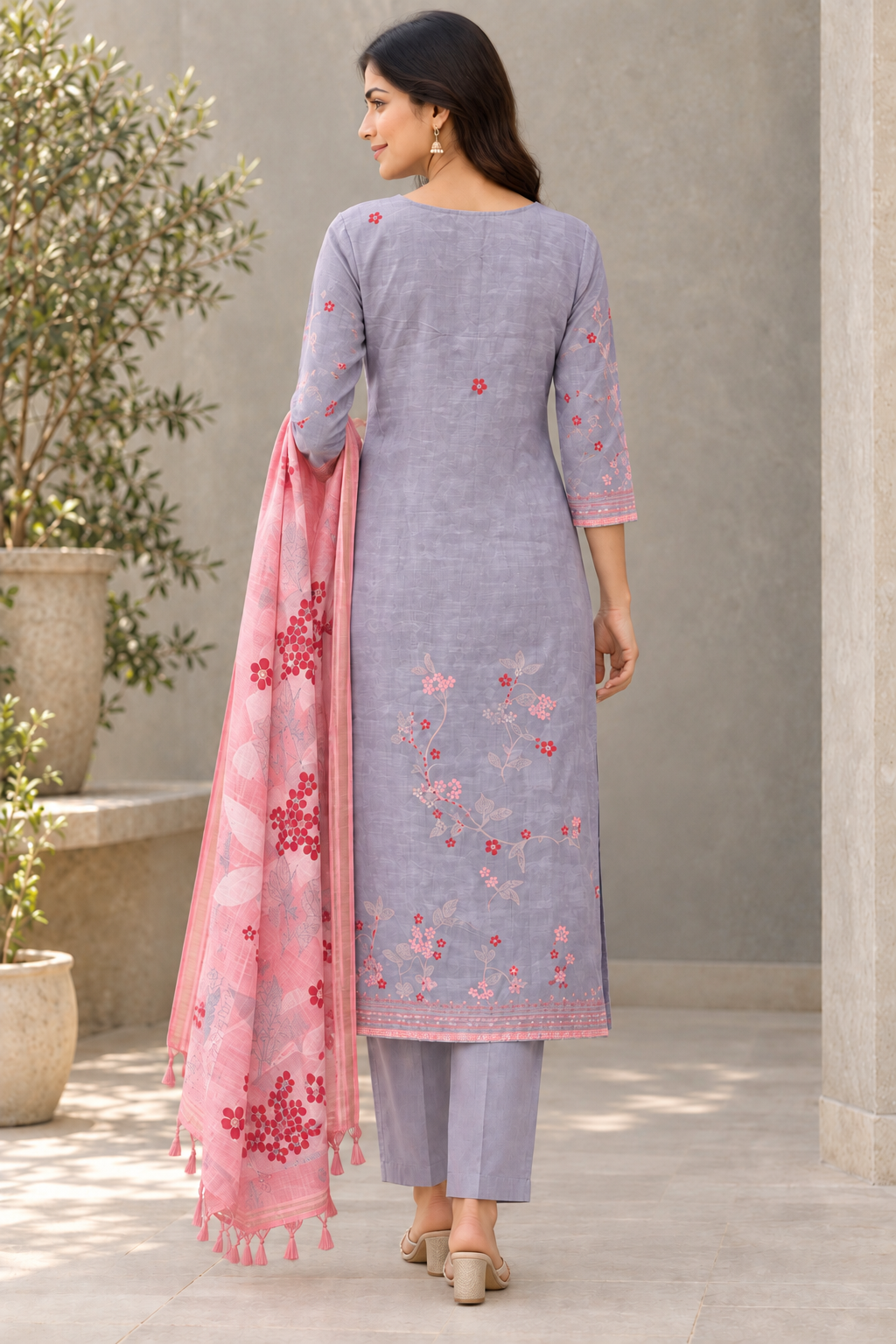 Peachmode Grey Linen Blend Hand Work Salwar Suit - Image 4