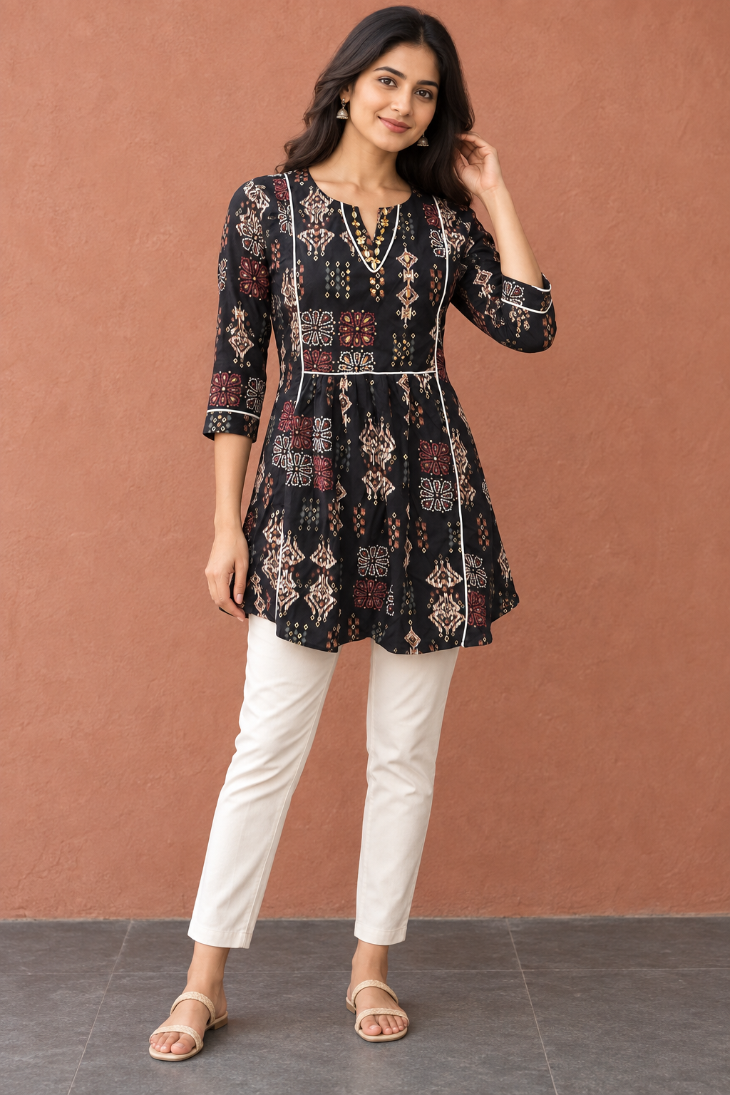 Peachmode Black Rayon Ethnic Printed Embellished A-Line Top - Image 1