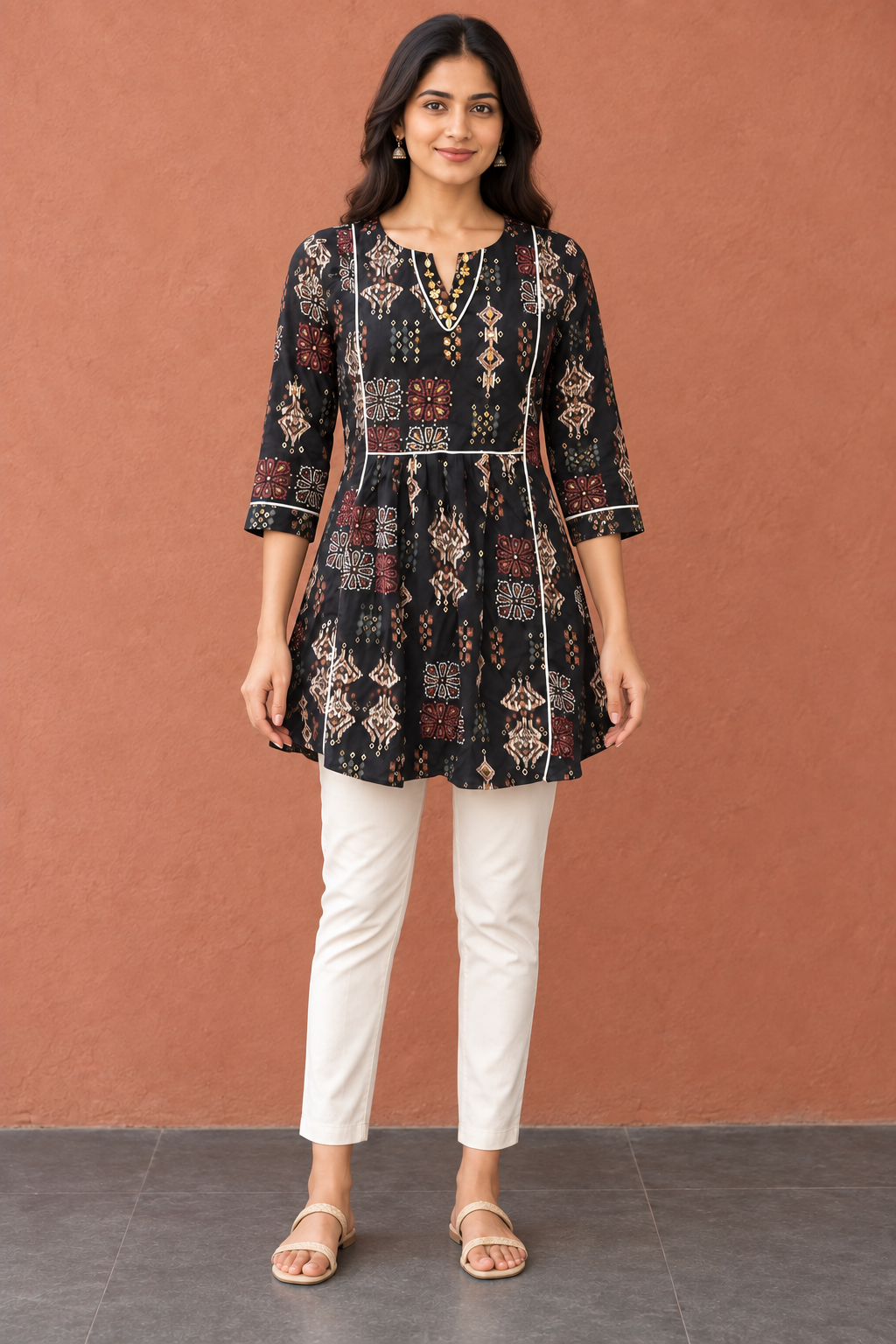 Peachmode Black Rayon Ethnic Printed Embellished A-Line Top - Image 2