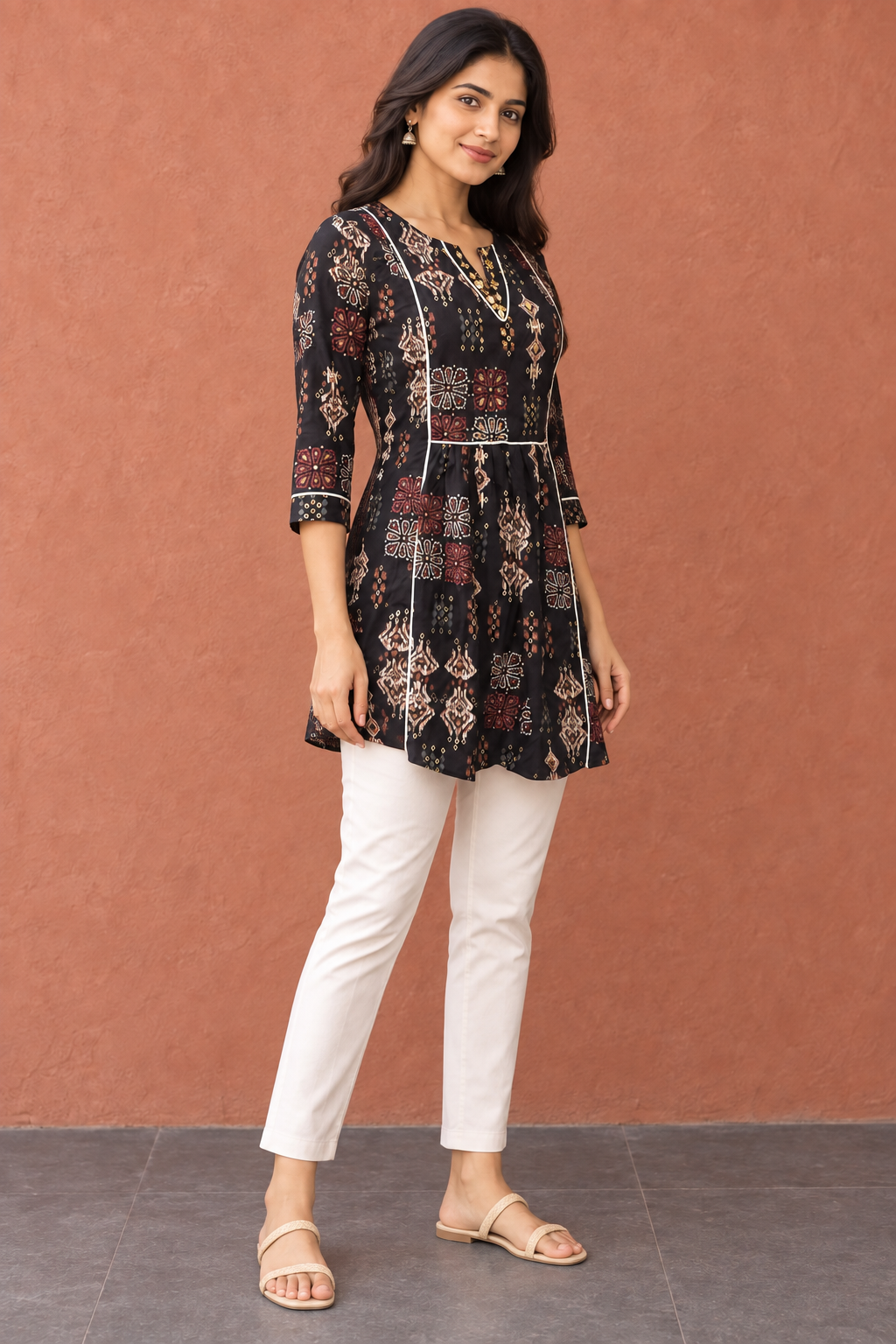 Peachmode Black Rayon Ethnic Printed Embellished A-Line Top - Image 3