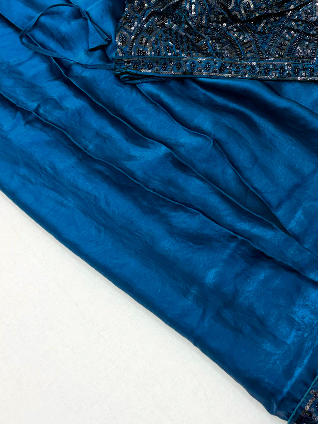 Peachmode BLUE Satin Saree With Embroidered Stitched Blouse - Image 5
