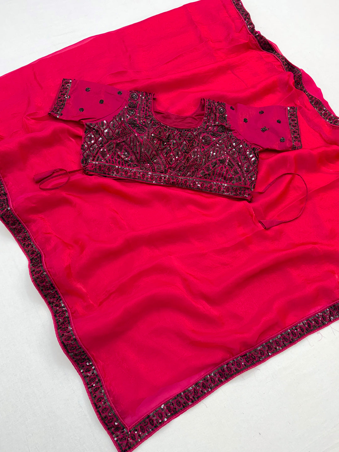 Peachmode PINK Satin Saree With Embroidered Stitched Blouse - Image 2
