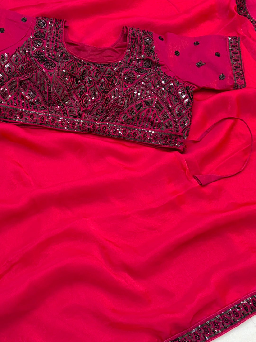 Peachmode PINK Satin Saree With Embroidered Stitched Blouse - Image 4
