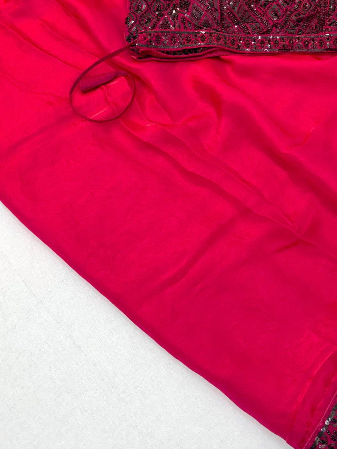 Peachmode PINK Satin Saree With Embroidered Stitched Blouse - Image 5