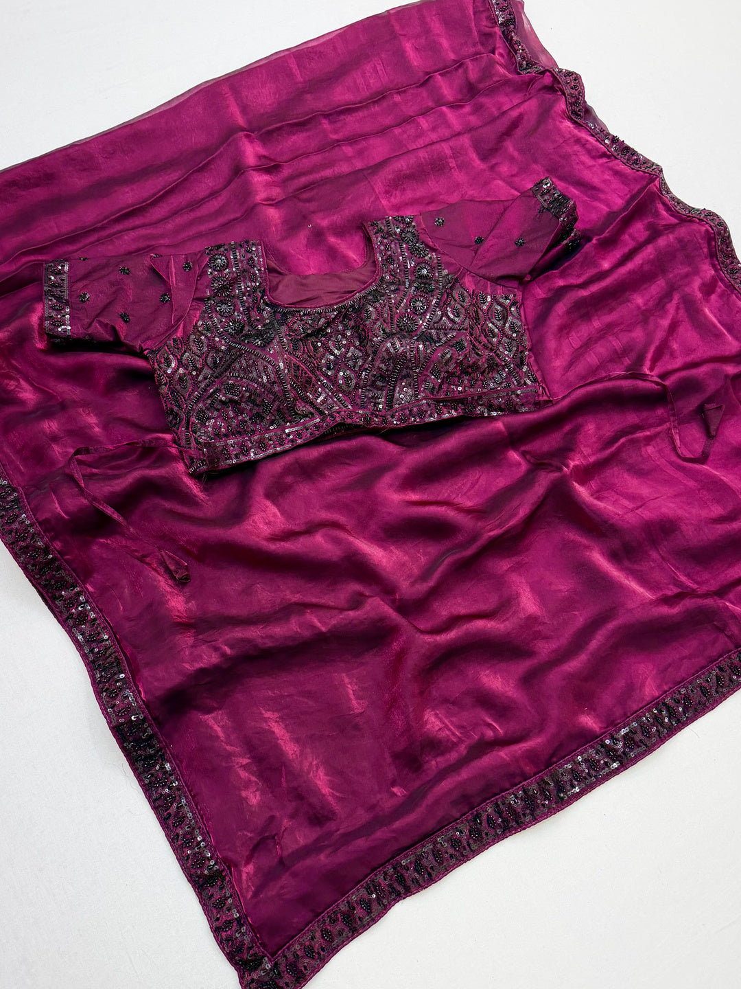Peachmode MAGENTA Satin Saree With Embroidered Stitched Blouse - Image 1