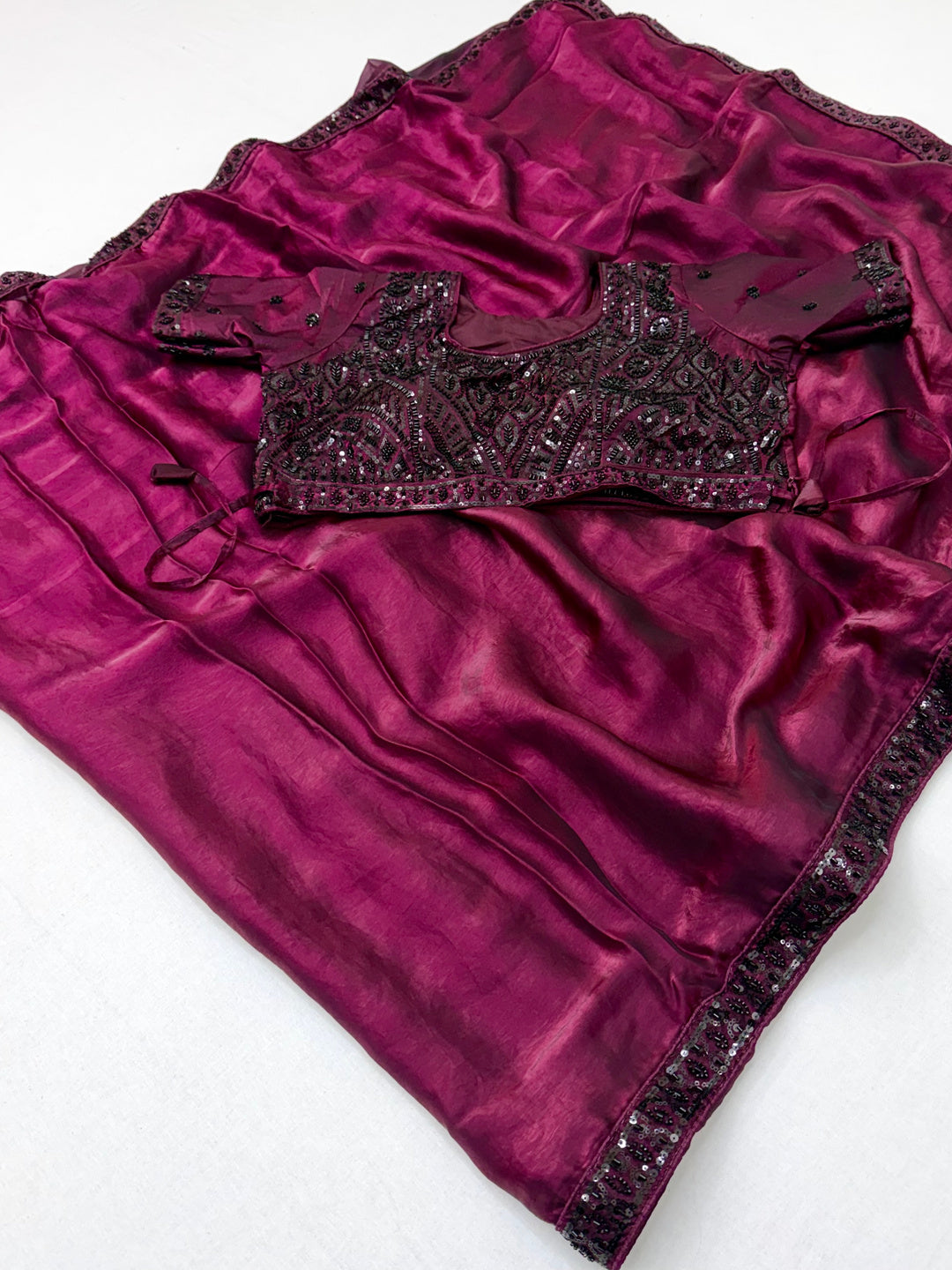 Peachmode MAGENTA Satin Saree With Embroidered Stitched Blouse - Image 2