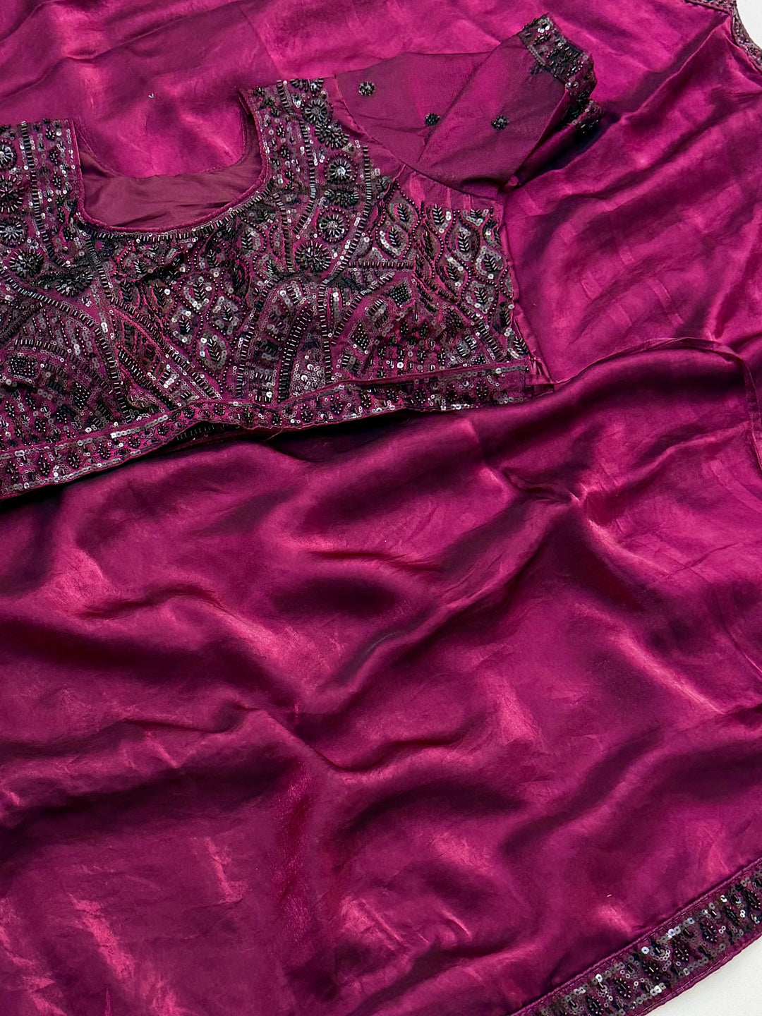 Peachmode MAGENTA Satin Saree With Embroidered Stitched Blouse - Image 3