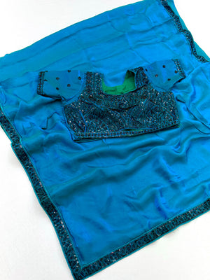 Peachmode TURQUOISE Satin Saree With Embroidered Stitched Blouse - Image 2