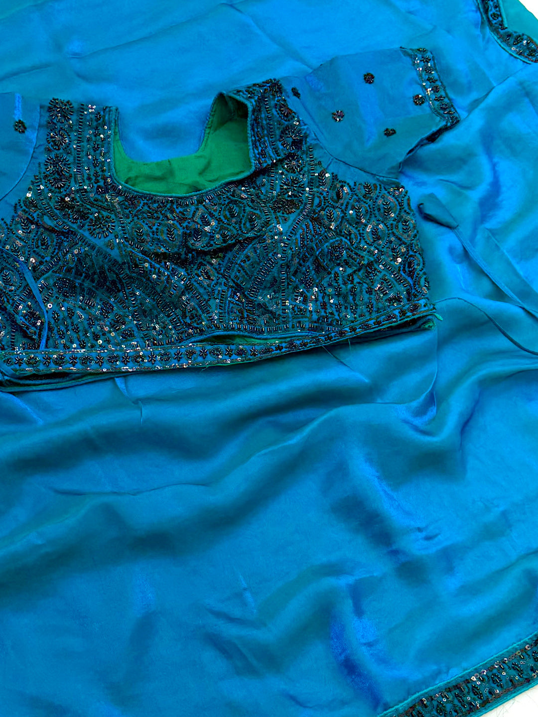 Peachmode TURQUOISE Satin Saree With Embroidered Stitched Blouse - Image 4