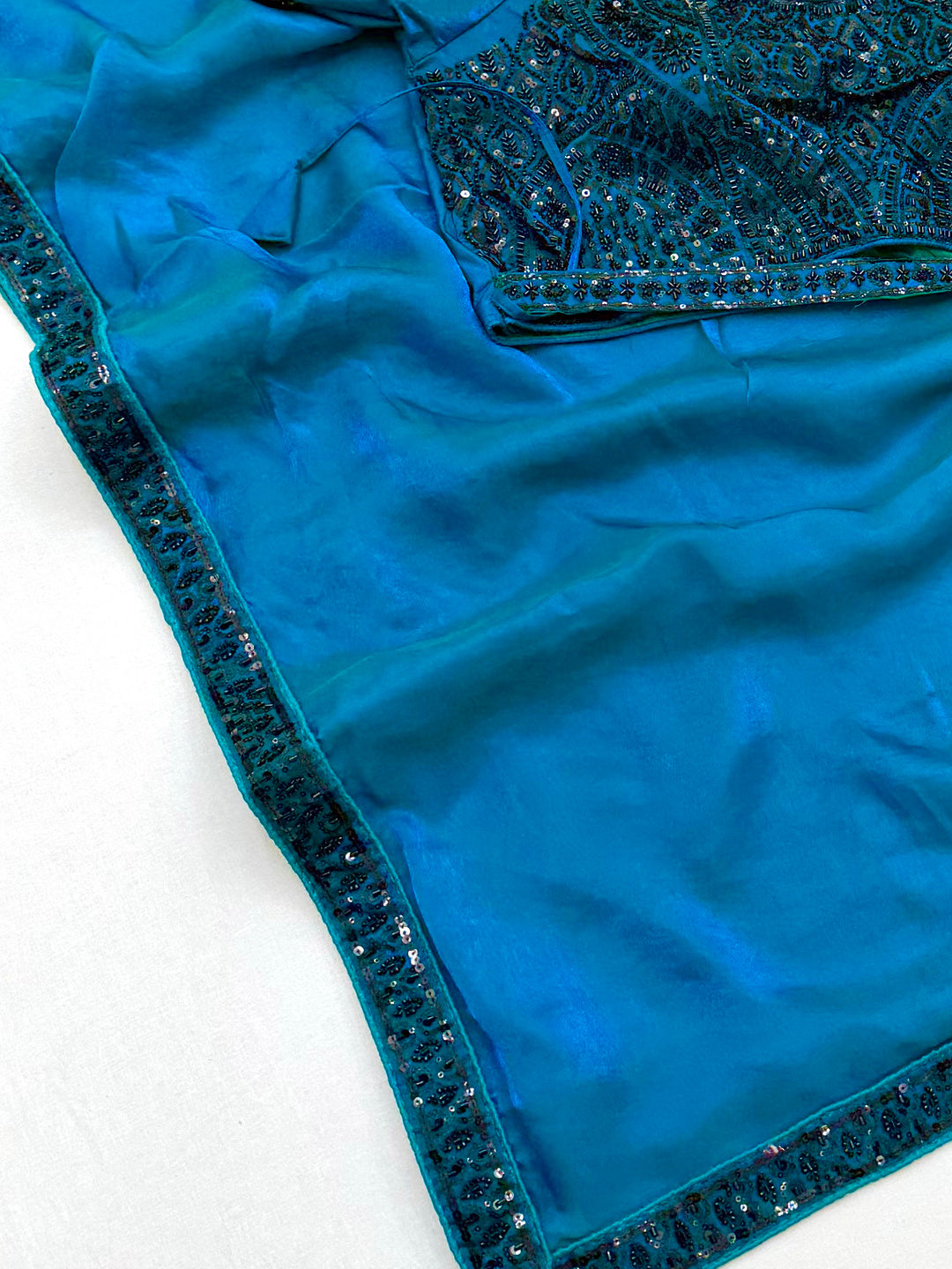 Peachmode TURQUOISE Satin Saree With Embroidered Stitched Blouse - Image 6