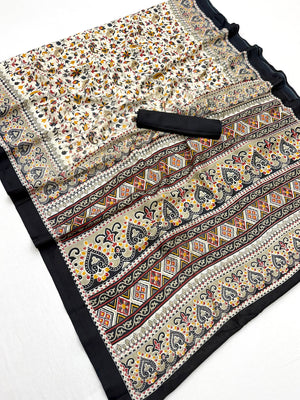 Peachmode Cream Black Art Silk Printed Saree - Image 1