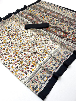 Peachmode Cream Black Art Silk Printed Saree - Image 2
