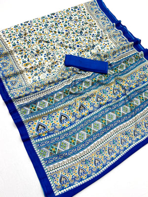 Peachmode Cream Blue Art Silk Printed Saree - Image 1