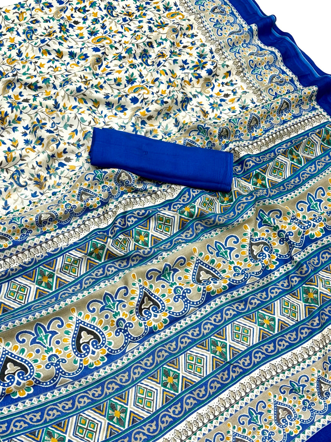 Peachmode Cream Blue Art Silk Printed Saree - Image 3