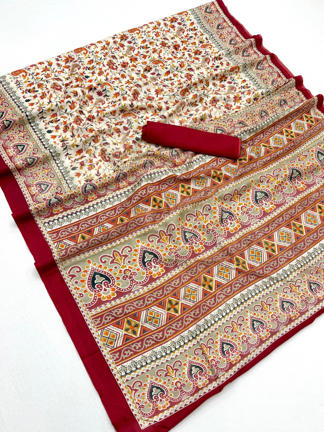 Peachmode Cream Maroon Art Silk Printed Saree - Image 1