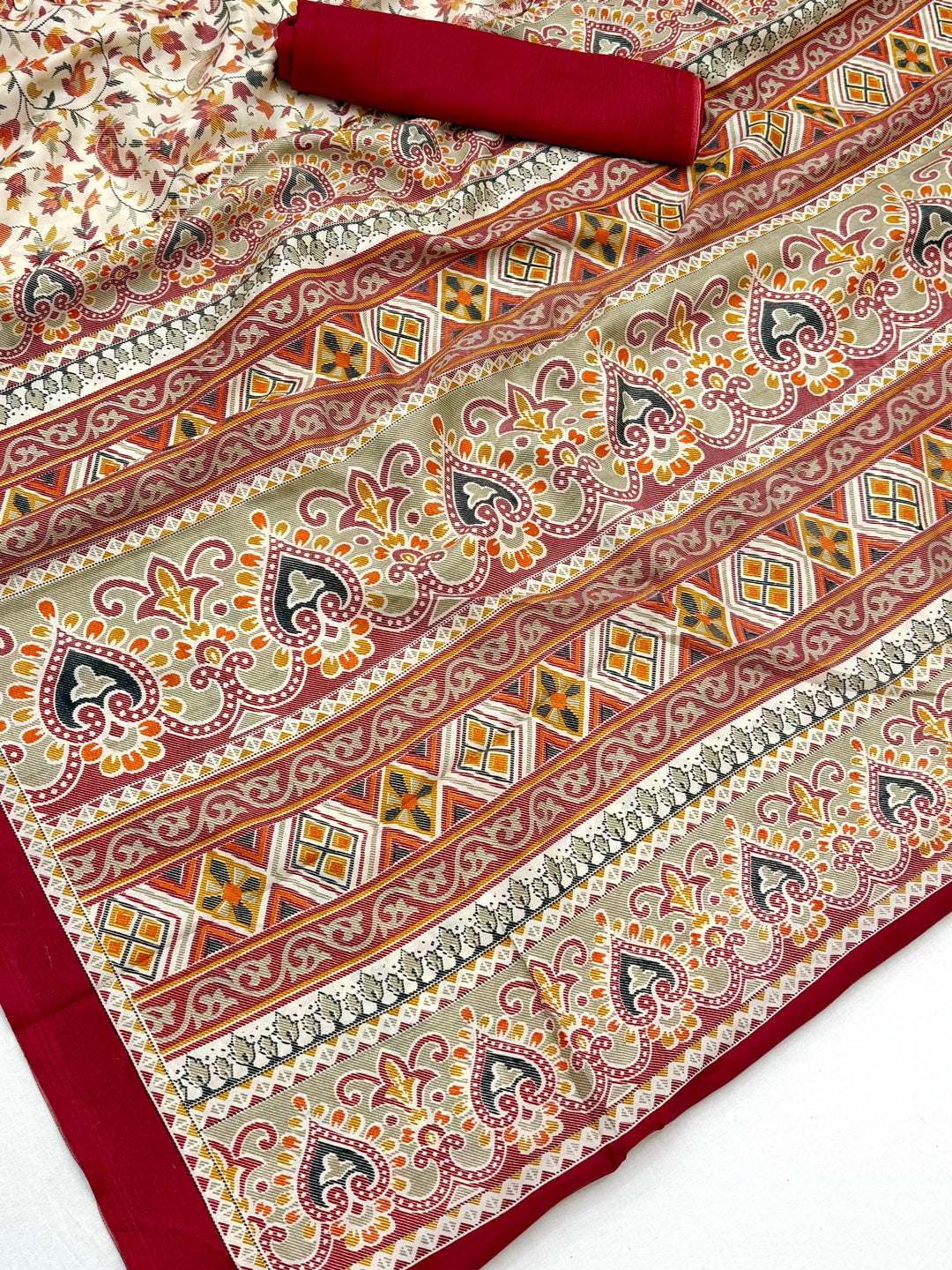 Peachmode Cream Maroon Art Silk Printed Saree - Image 5