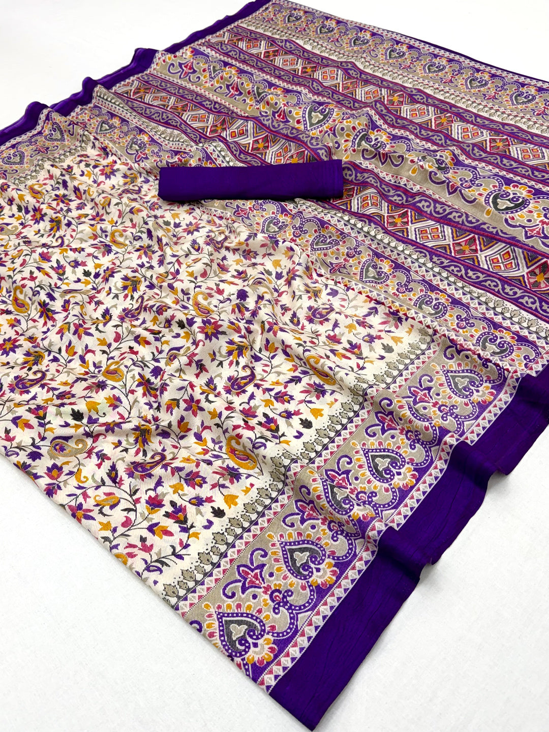 Peachmode Cream Purple Art Silk Printed Saree - Image 1