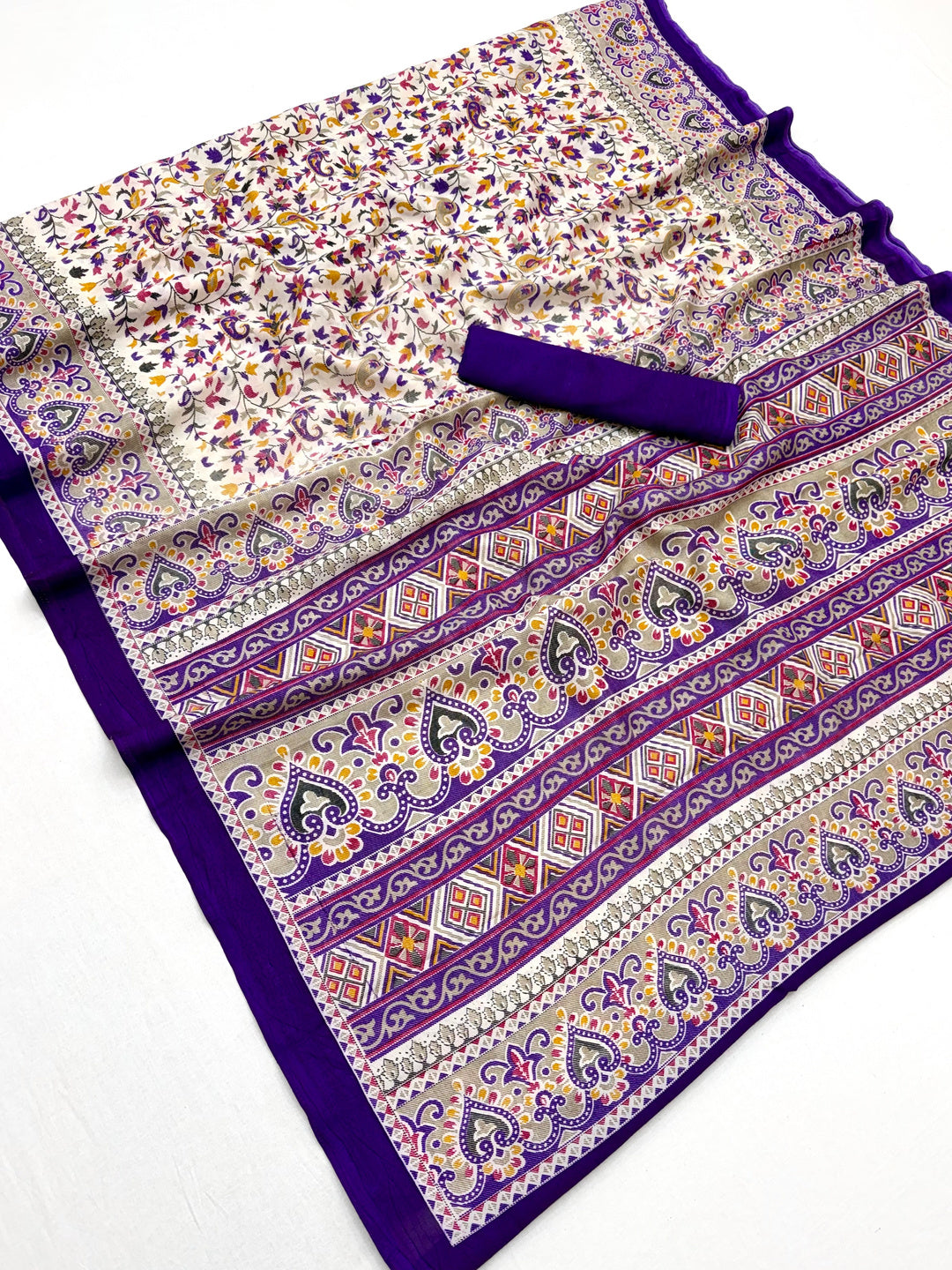 Peachmode Cream Purple Art Silk Printed Saree - Image 2