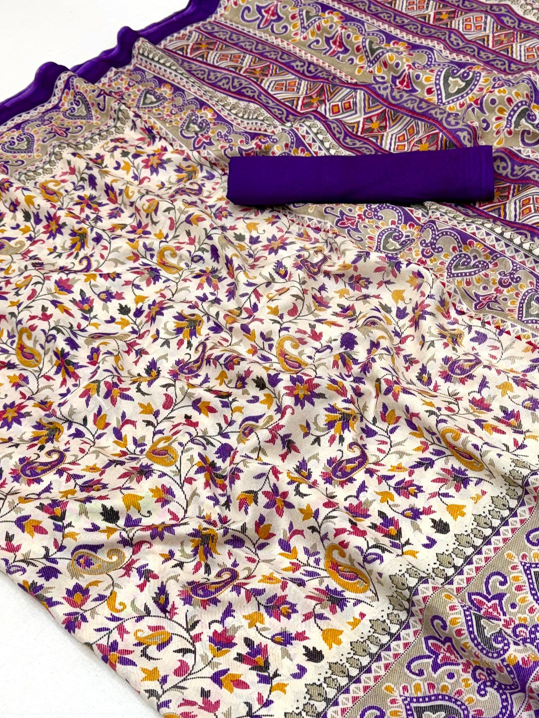Peachmode Cream Purple Art Silk Printed Saree - Image 3