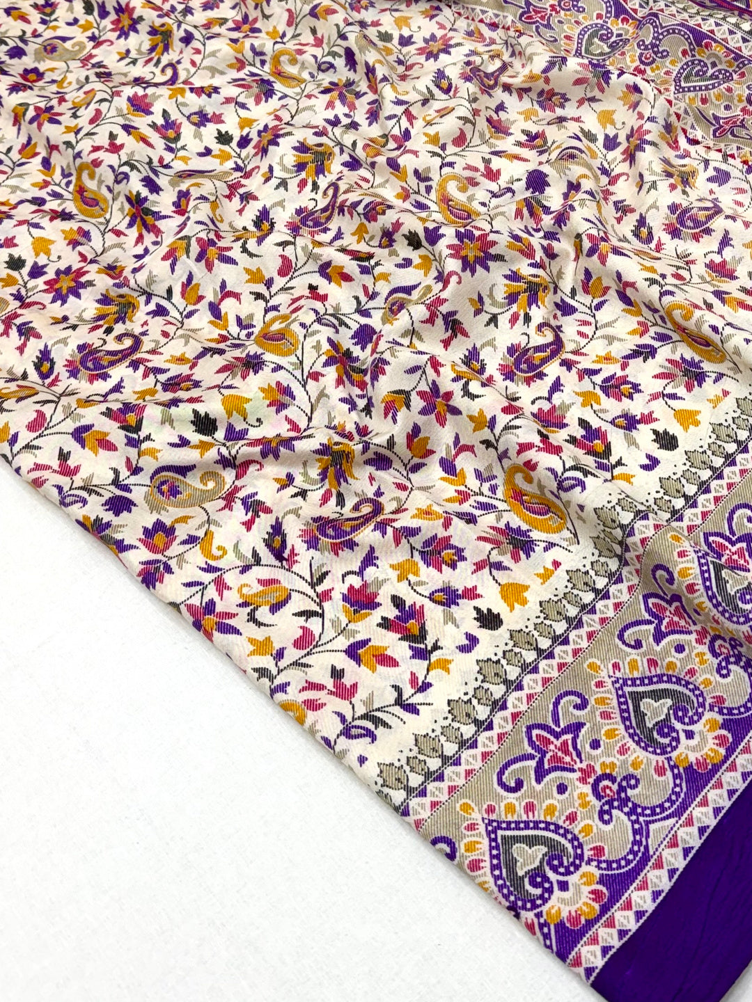 Peachmode Cream Purple Art Silk Printed Saree - Image 5