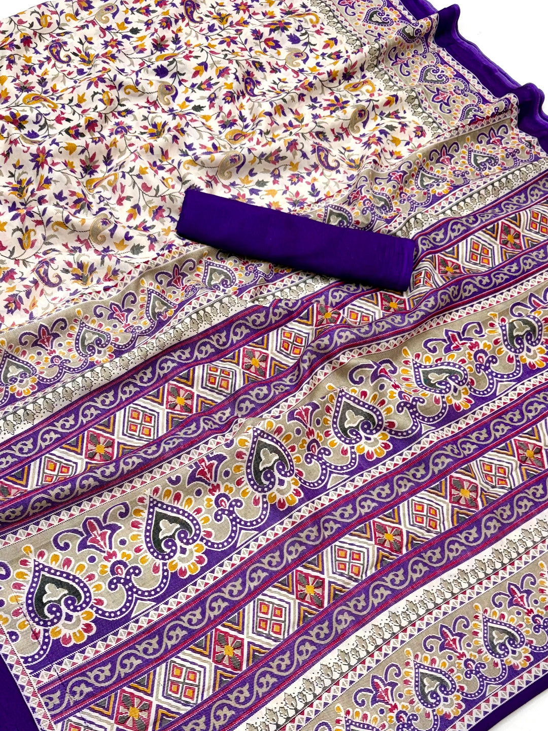 Peachmode Cream Purple Art Silk Printed Saree - Image 6