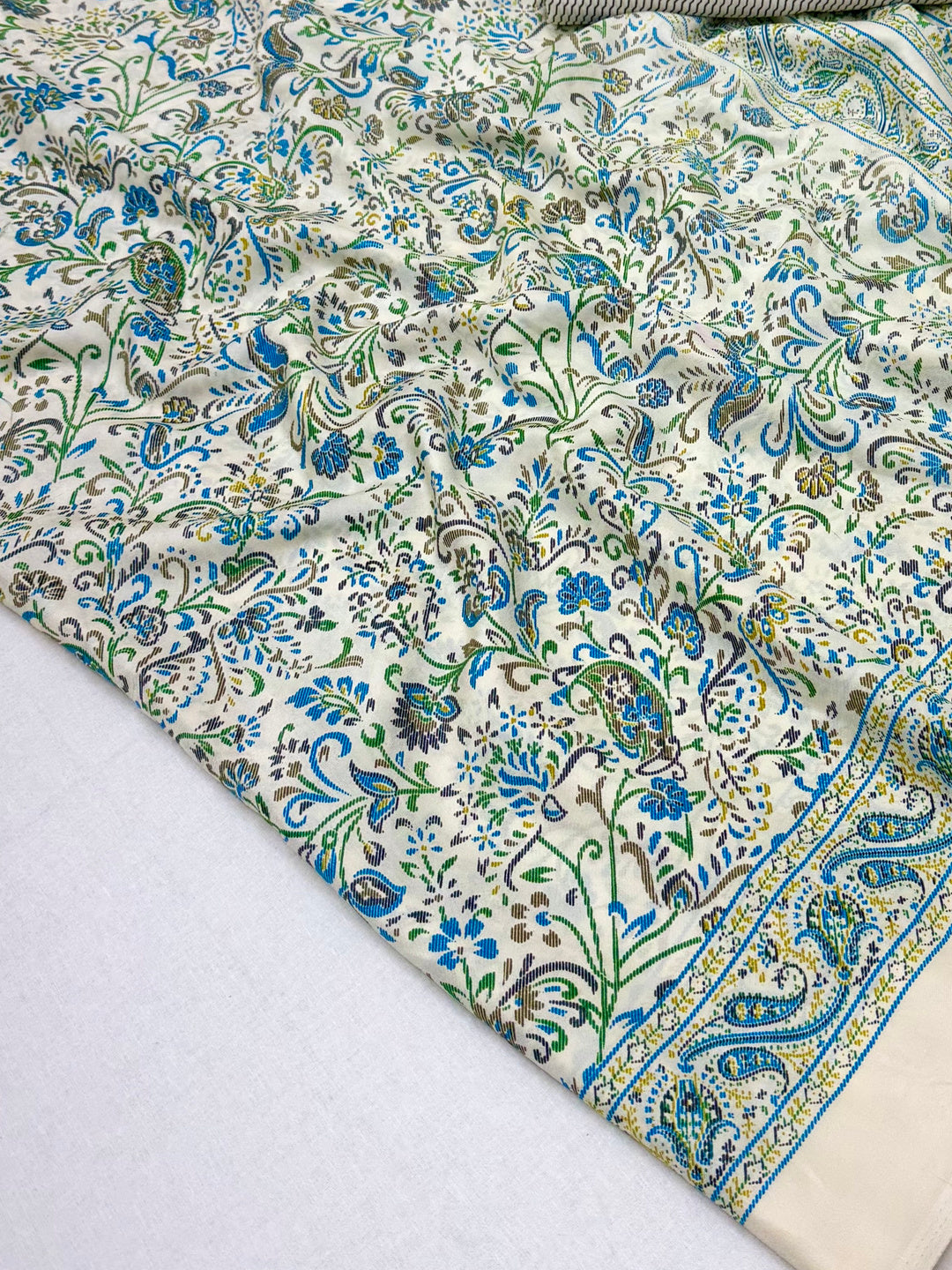 Peachmode Cream Blue Green Art Silk Printed Saree - Image 5