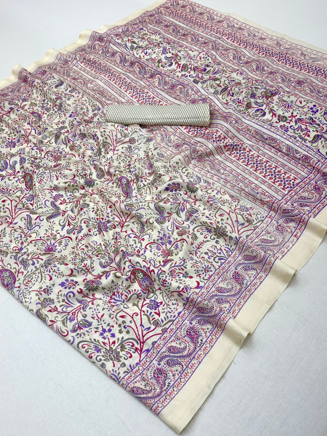 Peachmode Cream Purple Art Silk Printed Saree - Image 2