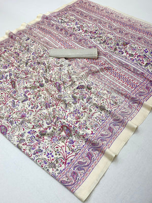 Peachmode Cream Purple Art Silk Printed Saree - Image 2