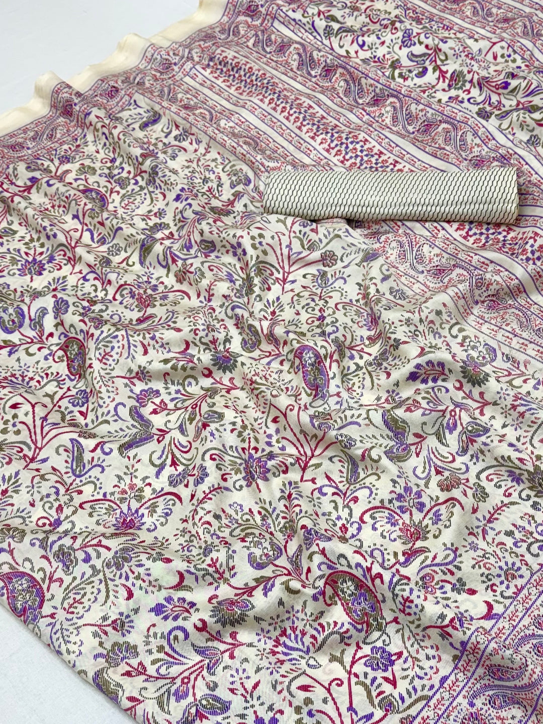 Peachmode Cream Purple Art Silk Printed Saree - Image 6