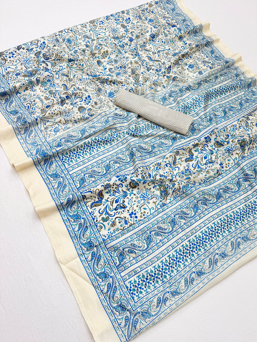 Peachmode Cream Blue Art Silk Printed Saree - Image 1