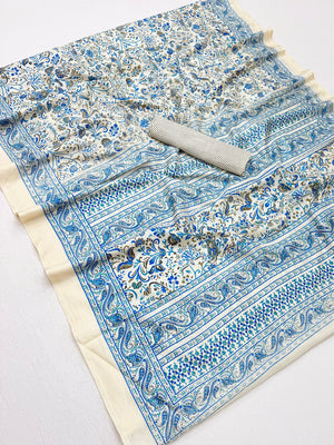 Peachmode Cream Blue Art Silk Printed Saree - Image 1