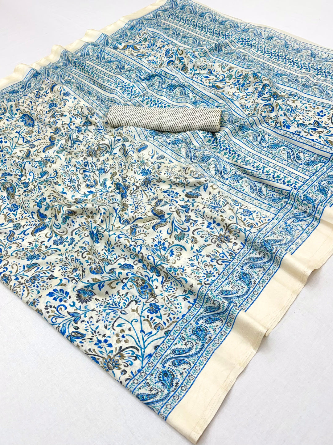Peachmode Cream Blue Art Silk Printed Saree - Image 2