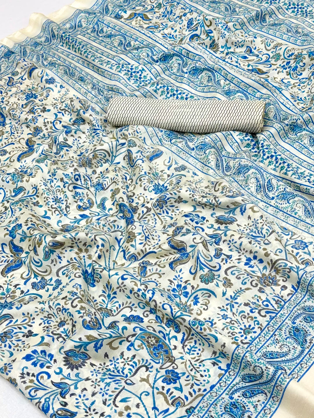 Peachmode Cream Blue Art Silk Printed Saree - Image 6
