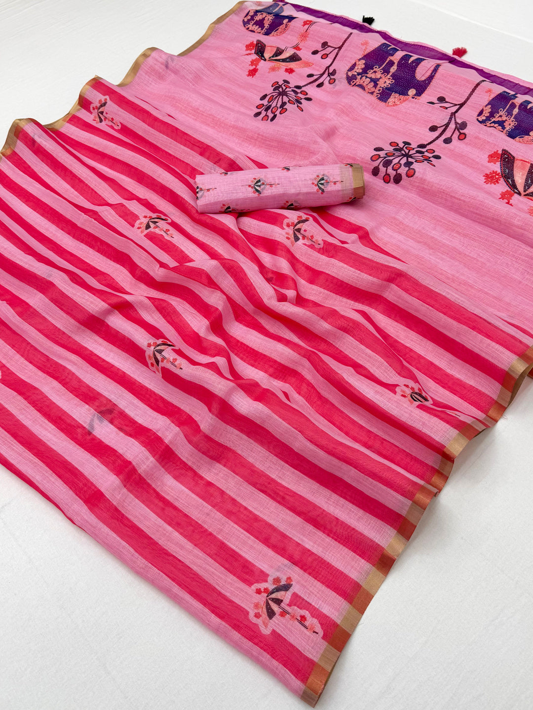 Peachmode Pink Linen Striped Saree - Image 1