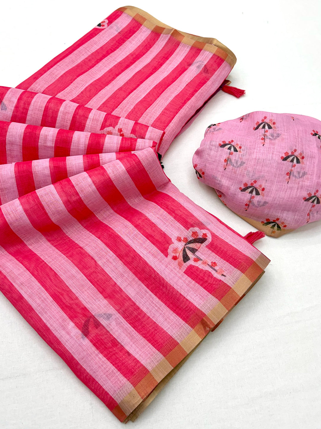 Peachmode Pink Linen Striped Saree - Image 2