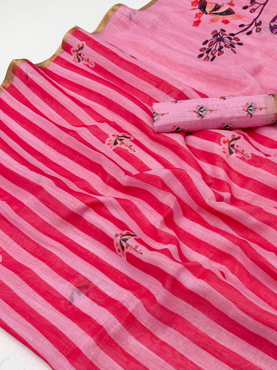 Peachmode Pink Linen Striped Saree - Image 3